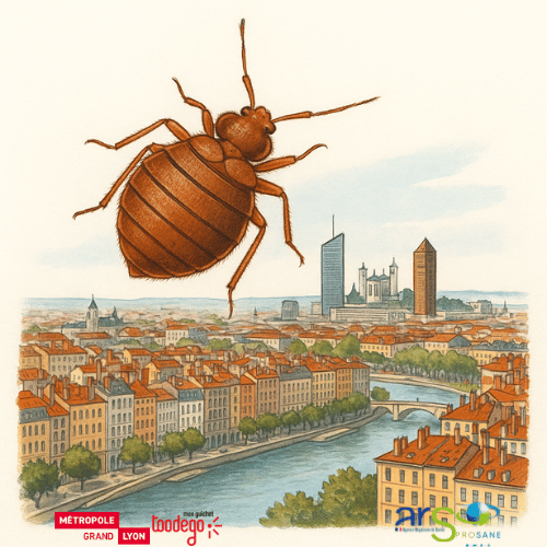Dessin de punaise de lit au dessus de la ville de Lyon